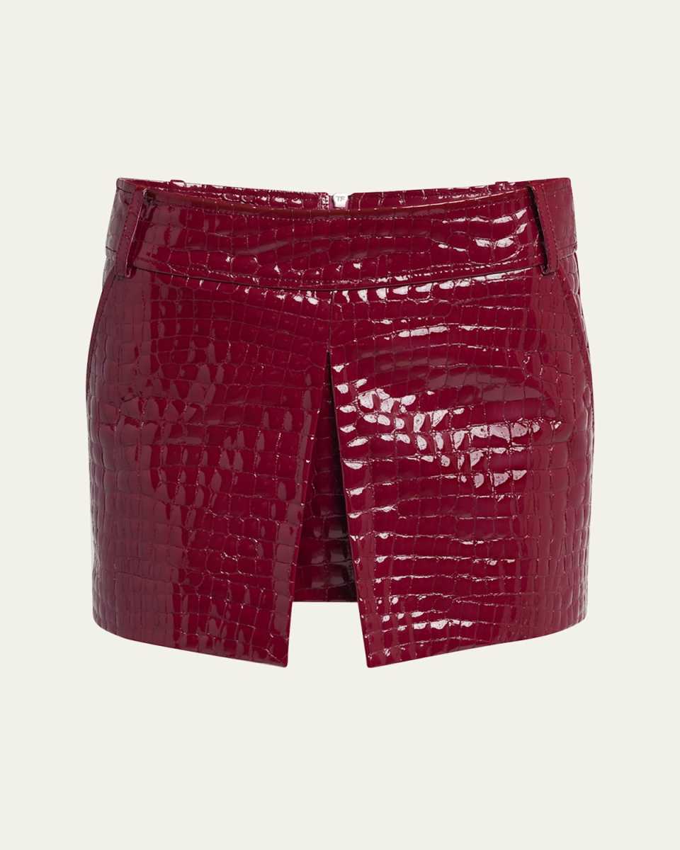 Croc-Embossed Glossy Leather Mini Skirt